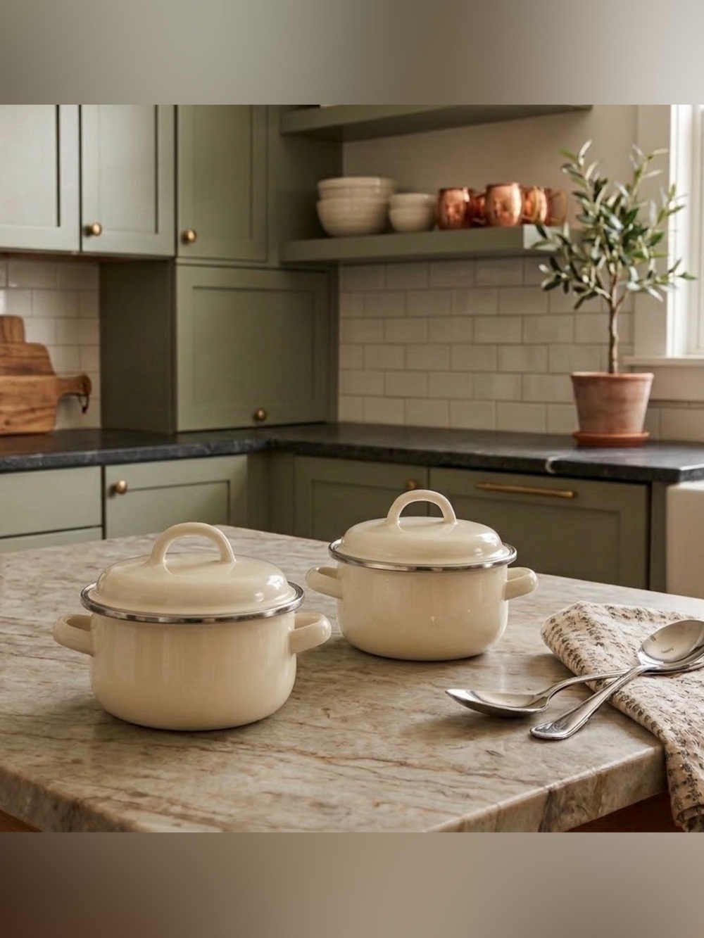 Megaware Cream Enamel Covered Casserole Pot with Lid - Set of 2
